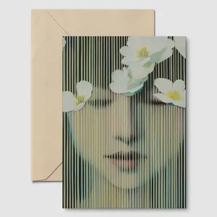 Woman Face White Flowers Striped Abstract Art