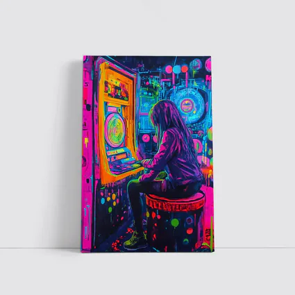 Neon Girl Playing Arcade Game Graffiti Art