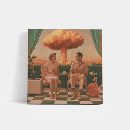 Retro Couple Sitting Nuclear Explosion Background