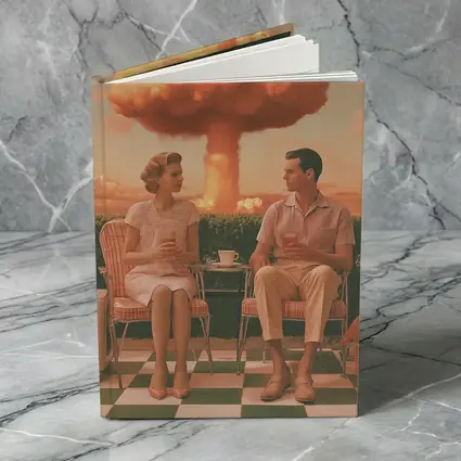 Retro Couple Sitting Nuclear Explosion Background