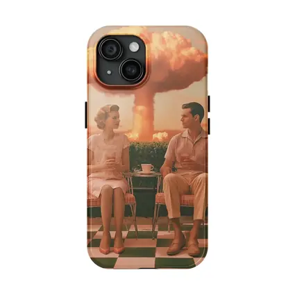 Retro Couple Sitting Nuclear Explosion Background