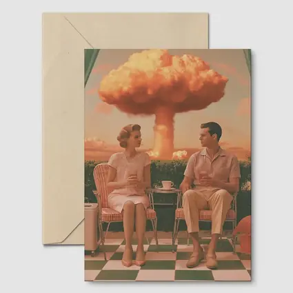 Retro Couple Sitting Nuclear Explosion Background