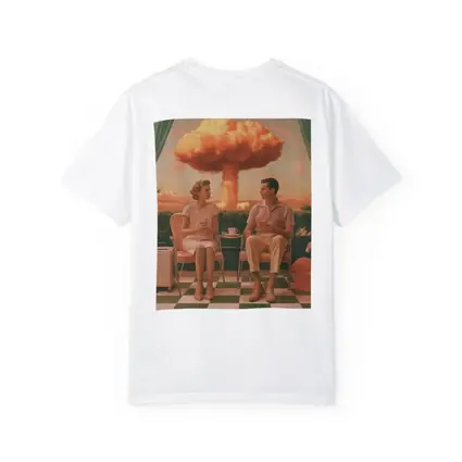 Retro Couple Sitting Nuclear Explosion Background