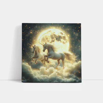 Two White Unicorns Running Over Moonlit Clouds