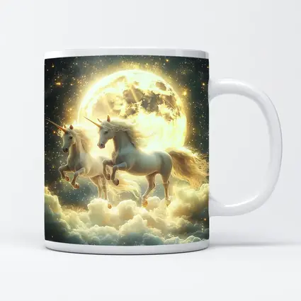 Two White Unicorns Running Over Moonlit Clouds