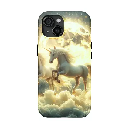 Two White Unicorns Running Over Moonlit Clouds