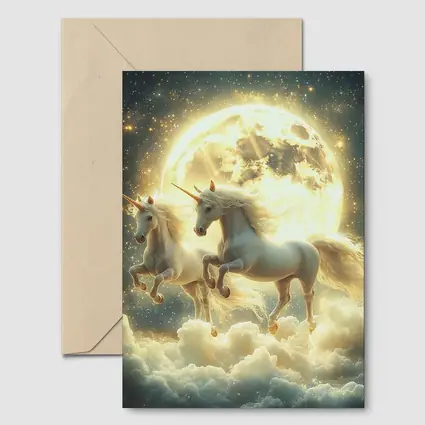 Two White Unicorns Running Over Moonlit Clouds