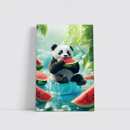 Panda Eating Watermelon on Ice Block