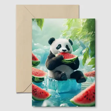 Panda Eating Watermelon on Ice Block
