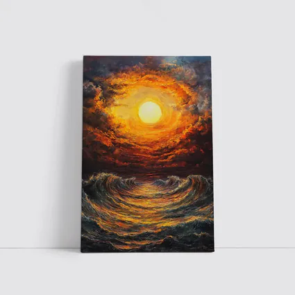 Fiery Sunset Over Dramatic Ocean Waves