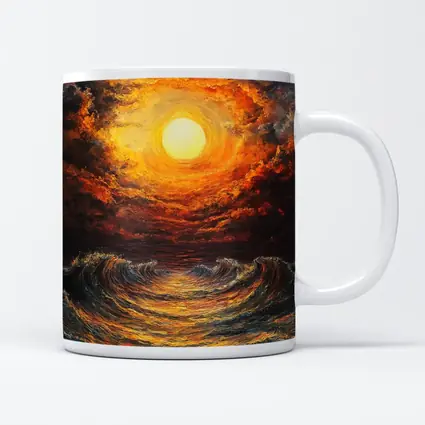 Fiery Sunset Over Dramatic Ocean Waves