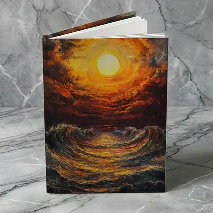 Fiery Sunset Over Dramatic Ocean Waves