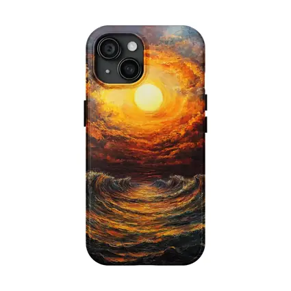 Fiery Sunset Over Dramatic Ocean Waves