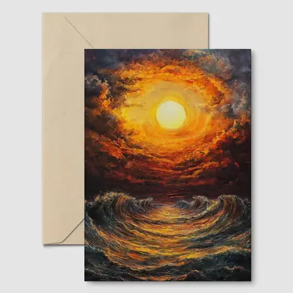 Fiery Sunset Over Dramatic Ocean Waves