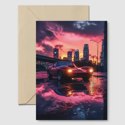 Retro Muscle Car Rainy City Sunset