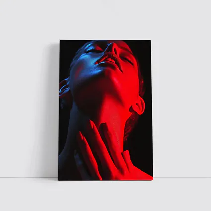 Woman Red Blue Neon Light Dark Background