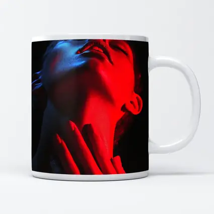 Woman Red Blue Neon Light Dark Background