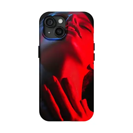 Woman Red Blue Neon Light Dark Background