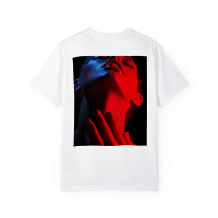 Woman Red Blue Neon Light Dark Background
