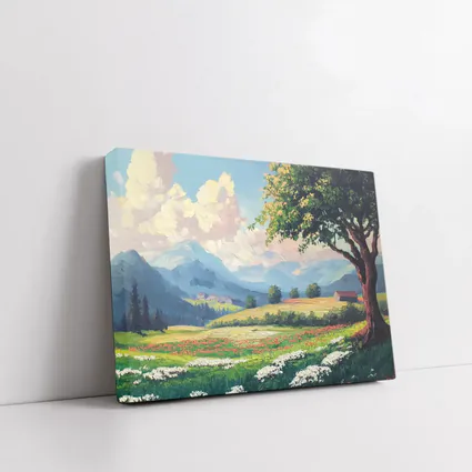 Oil Painting Green Meadow Mountains Summer Landscape