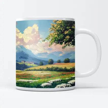 Oil Painting Green Meadow Mountains Summer Landscape