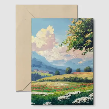Oil Painting Green Meadow Mountains Summer Landscape