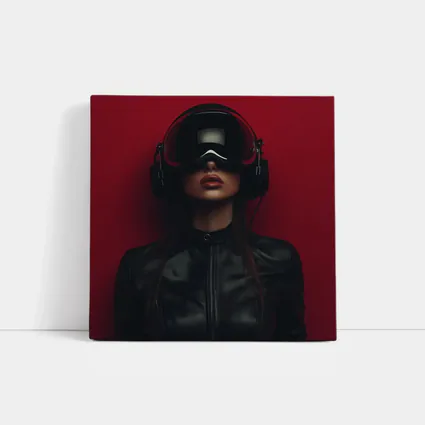 Woman VR Headset Black Leather Red Background