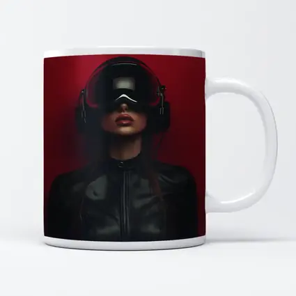 Woman VR Headset Black Leather Red Background