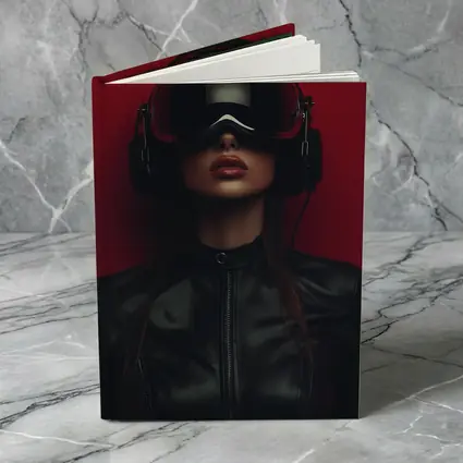 Woman VR Headset Black Leather Red Background