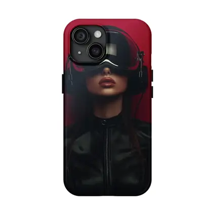 Woman VR Headset Black Leather Red Background