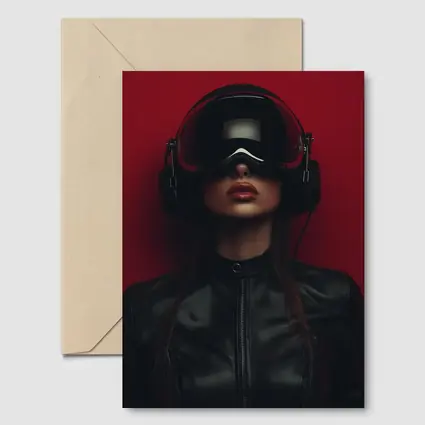 Woman VR Headset Black Leather Red Background