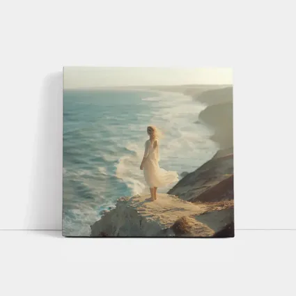 Woman White Dress Standing Ocean Cliff