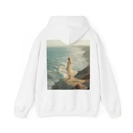 Woman White Dress Standing Ocean Cliff