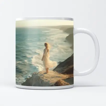 Woman White Dress Standing Ocean Cliff