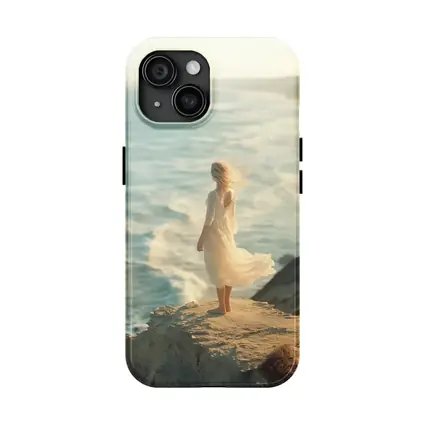 Woman White Dress Standing Ocean Cliff