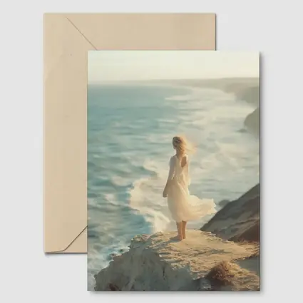 Woman White Dress Standing Ocean Cliff