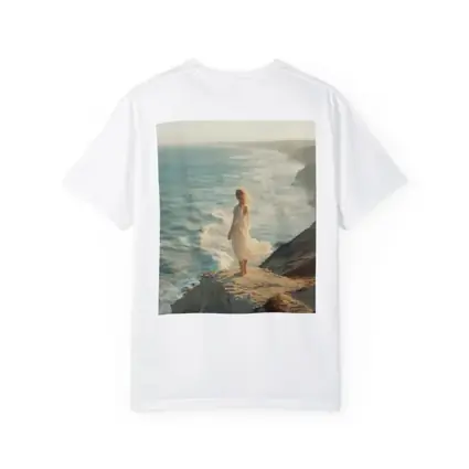 Woman White Dress Standing Ocean Cliff