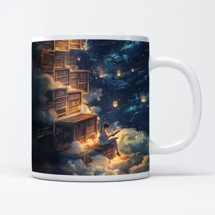Girl Reading Book Floating Cloud Library Night