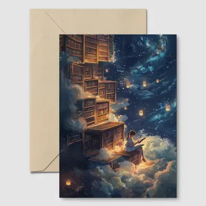 Girl Reading Book Floating Cloud Library Night