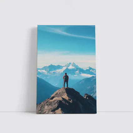 Hiker Standing on Mountain Peak Blue Sky