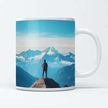 Hiker Standing on Mountain Peak Blue Sky