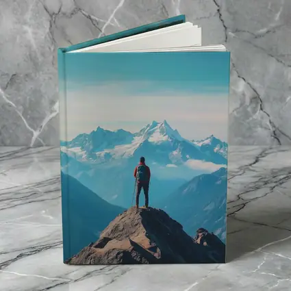 Hiker Standing on Mountain Peak Blue Sky