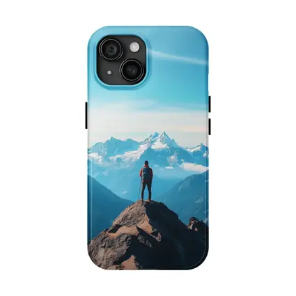 Hiker Standing on Mountain Peak Blue Sky