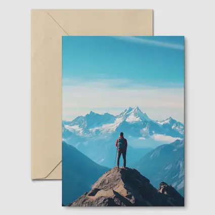 Hiker Standing on Mountain Peak Blue Sky