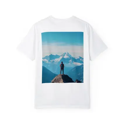 Hiker Standing on Mountain Peak Blue Sky