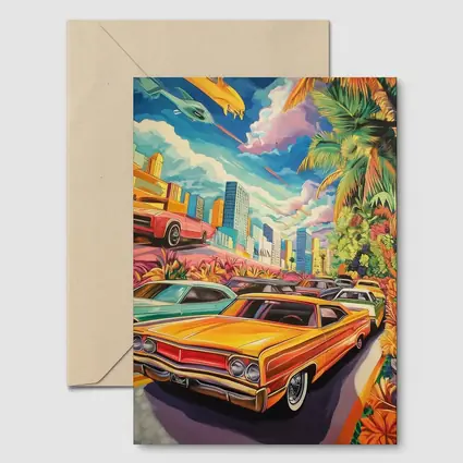 Retro Classic Cars Tropical City Pop Art