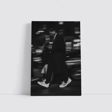 Man Walking City Street at Night Monochrome
