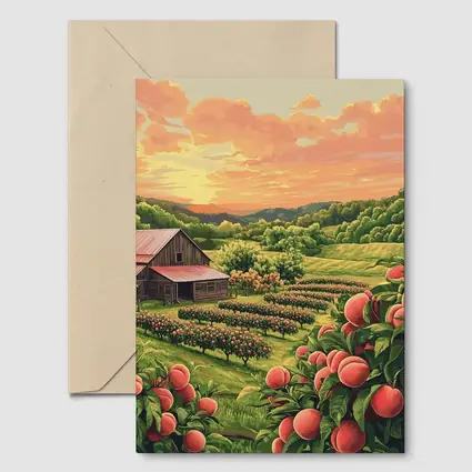 Peach Orchard Farm Sunset Countryside Art