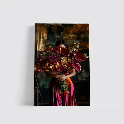 Woman Holding Red Floral Bouquet Dark Background