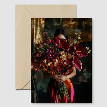 Woman Holding Red Floral Bouquet Dark Background